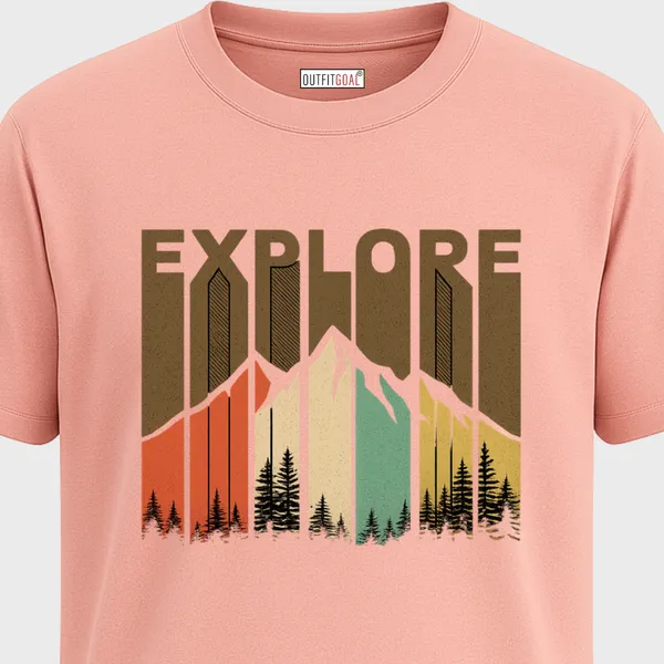 _Regular_Unisex_Pink_Graphics_T-Shirt,_Stylized_mountains_in_multicolor_panels_bold_explore_type_art_|_TRAVEL_MODE
