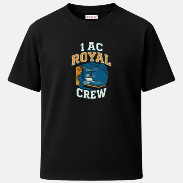 _Regular_Unisex_Black_Graphics_T-Shirt,_Art_of_1st_ac_train_coupe_with_bed_curtain_and_lamp_bold_varsity_type_art_1ac_royal_crew_|_TRAVEL_MODE