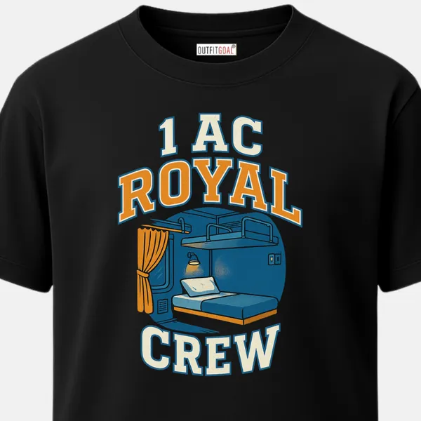 _Regular_Unisex_Black_Graphics_T-Shirt,_Art_of_1st_ac_train_coupe_with_bed_curtain_and_lamp_bold_varsity_type_art_1ac_royal_crew_|_TRAVEL_MODE