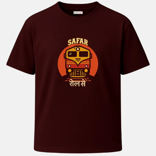 _Regular_Unisex_Maroon_Graphics_T-Shirt,_Red_yellow_front_train_engine_with_hindi_text_safar_relse_|_TRAVEL_MODE