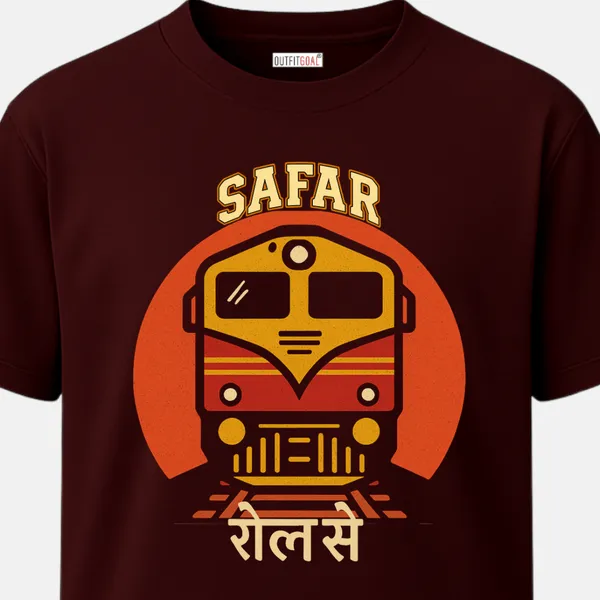 _Regular_Unisex_Maroon_Graphics_T-Shirt,_Red_yellow_front_train_engine_with_hindi_text_safar_relse_|_TRAVEL_MODE