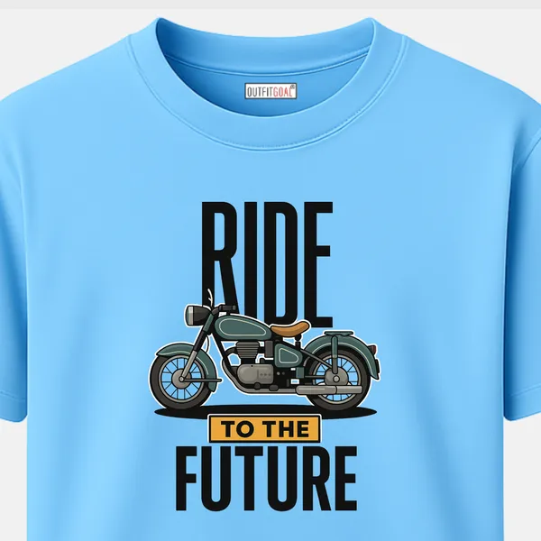 Outfitgoal_Regular_Unisex_Sky_Graphics_T-Shirt,_Clean_vector_retro_bike_in_teal_with_stacked_Ride_To_The_Future_travel_text._|_TRAVEL_MODE