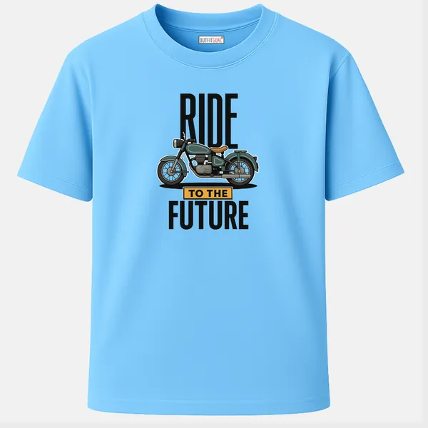 Outfitgoal_Regular_Unisex_Sky_Graphics_T-Shirt,_Clean_vector_retro_bike_in_teal_with_stacked_Ride_To_The_Future_travel_text._|_TRAVEL_MODE