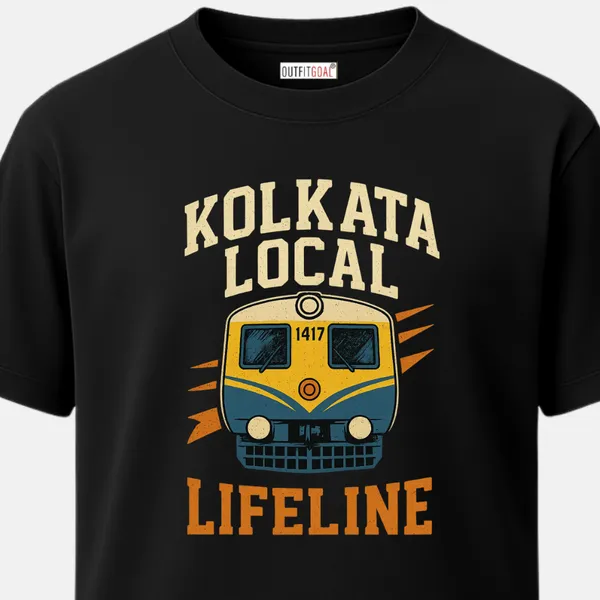 _Regular_Unisex_Black_Graphics_T-Shirt,_Yellow_suburban_train_front_with_kolkata_local_lifeline_text_nostalgic_metro_art_|_TRAVEL_MODE