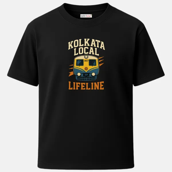 _Regular_Unisex_Black_Graphics_T-Shirt,_Yellow_suburban_train_front_with_kolkata_local_lifeline_text_nostalgic_metro_art_|_TRAVEL_MODE