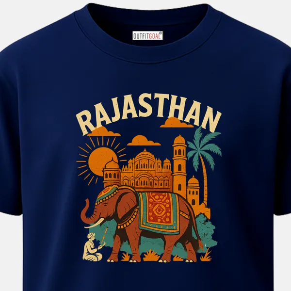 _Regular_Unisex_Navy_Graphics_T-Shirt,_Decorated_elephant_palace_fort_palm_tree_sun_rajasthan_text_|_TRAVEL_MODE