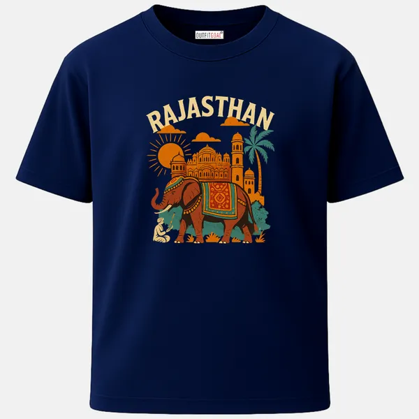 _Regular_Unisex_Navy_Graphics_T-Shirt,_Decorated_elephant_palace_fort_palm_tree_sun_rajasthan_text_|_TRAVEL_MODE