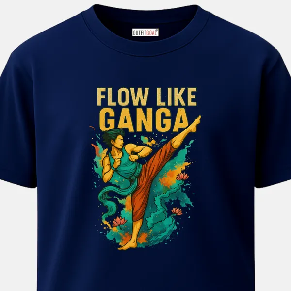 _Regular_Unisex_Navy_Graphics_T-Shirt,_Martial_artist_mid_kick_surrounded_by_lotus_and_river_ganga_flow_|_SPORTS_MODE