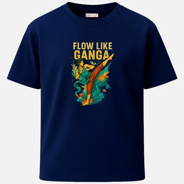 _Regular_Unisex_Navy_Graphics_T-Shirt,_Martial_artist_mid_kick_surrounded_by_lotus_and_river_ganga_flow_|_SPORTS_MODE