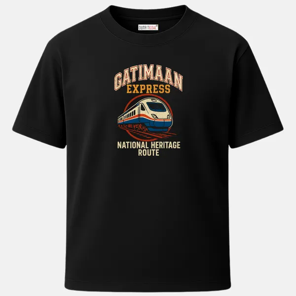 _Regular_Unisex_Black_Graphics_T-Shirt,_Modern_express_train_art_gatimaan_express_and_national_heritage_route_text_|_TRAVEL_MODE