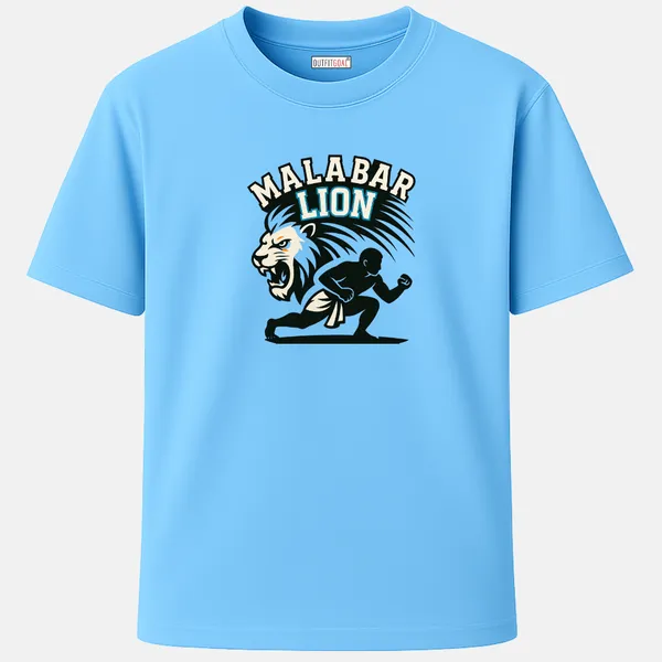_Regular_Unisex_Sky_Graphics_T-Shirt,_Roaring_lion_with_crouched_fighter_silhouette_text_malabar_lion_|_SPORTS_MODE