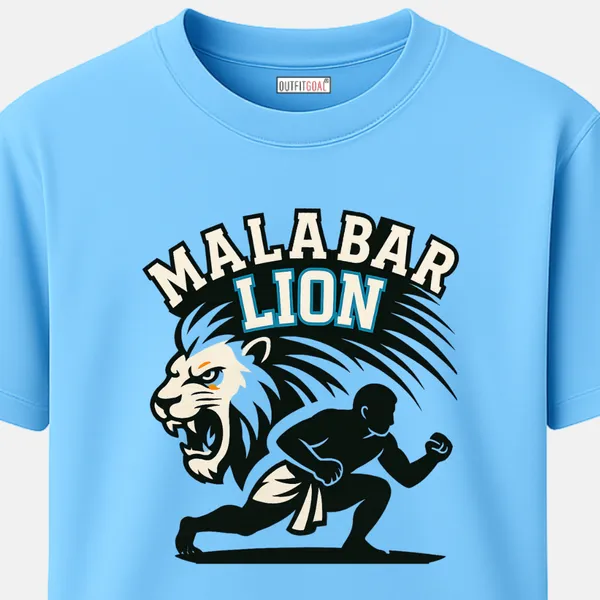 _Regular_Unisex_Sky_Graphics_T-Shirt,_Roaring_lion_with_crouched_fighter_silhouette_text_malabar_lion_|_SPORTS_MODE