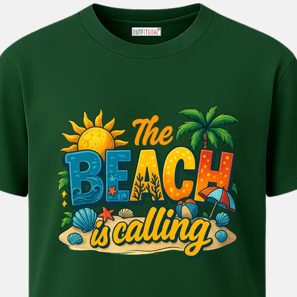 _Regular_Unisex_Bottle_Green_Graphics_T-Shirt,_Sun_seashells_palm_umbrella_beach_ball_playful_text_the_beach_is_calling_|_TRAVEL_MODE