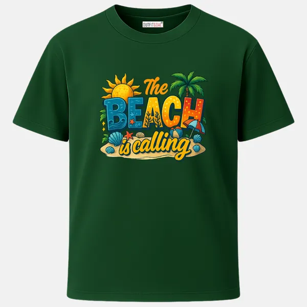 _Regular_Unisex_Bottle_Green_Graphics_T-Shirt,_Sun_seashells_palm_umbrella_beach_ball_playful_text_the_beach_is_calling_|_TRAVEL_MODE