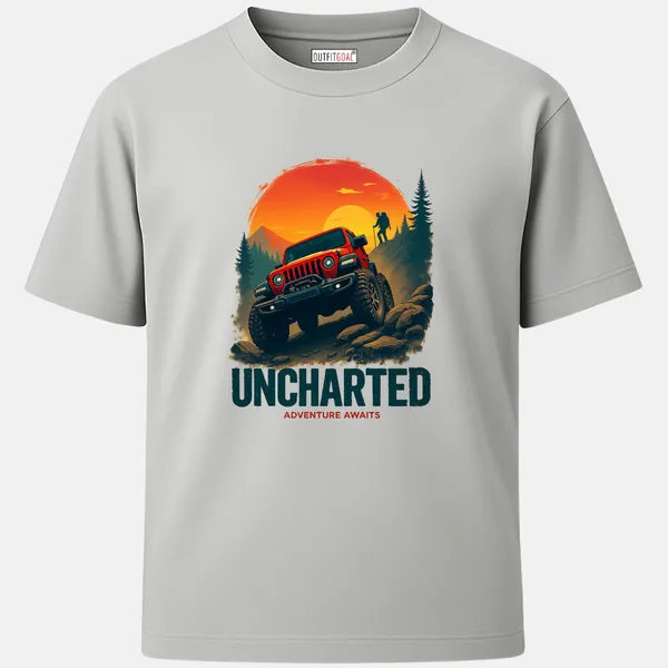 _Regular_Unisex_Grey_Graphics_T-Shirt,_Red_off_road_jeep_climbing_rocks_with_hiker_silhouette_against_sunset_uncharted_adventure_awaits_text_|_TRAVEL_MODE