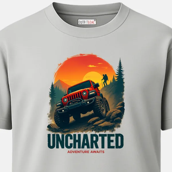 _Regular_Unisex_Grey_Graphics_T-Shirt,_Red_off_road_jeep_climbing_rocks_with_hiker_silhouette_against_sunset_uncharted_adventure_awaits_text_|_TRAVEL_MODE