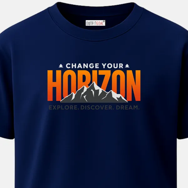 _Regular_Unisex_Navy_Graphics_T-Shirt,_Large_horizon_gradient_type_art_mountains_silhouette_tagline_explore_discover_dream_|_TRAVEL_MODE