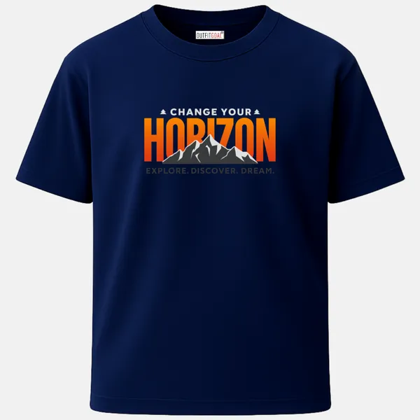 _Regular_Unisex_Navy_Graphics_T-Shirt,_Large_horizon_gradient_type_art_mountains_silhouette_tagline_explore_discover_dream_|_TRAVEL_MODE