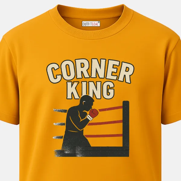 _Regular_Unisex_Yellow_Graphics_T-Shirt,_Boxer_crouched_in_corner_ring_text_corner_king_|_SPORTS_MODE