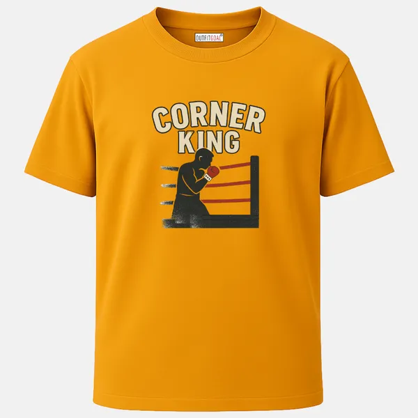 _Regular_Unisex_Yellow_Graphics_T-Shirt,_Boxer_crouched_in_corner_ring_text_corner_king_|_SPORTS_MODE