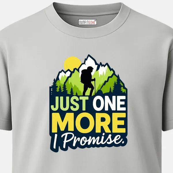 _Regular_Unisex_Grey_Graphics_T-Shirt,_Hiker_silhouette_with_sunlit_peaks_just_one_more_i_promise_text_|_TRAVEL_MODE