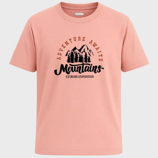 _Regular_Unisex_Pink_Graphics_T-Shirt,_Minimal_type_art_arc_adventure_awaits_mountain_silhouette_|_TRAVEL_MODE
