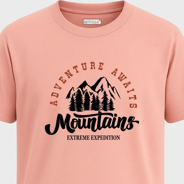 _Regular_Unisex_Pink_Graphics_T-Shirt,_Minimal_type_art_arc_adventure_awaits_mountain_silhouette_|_TRAVEL_MODE