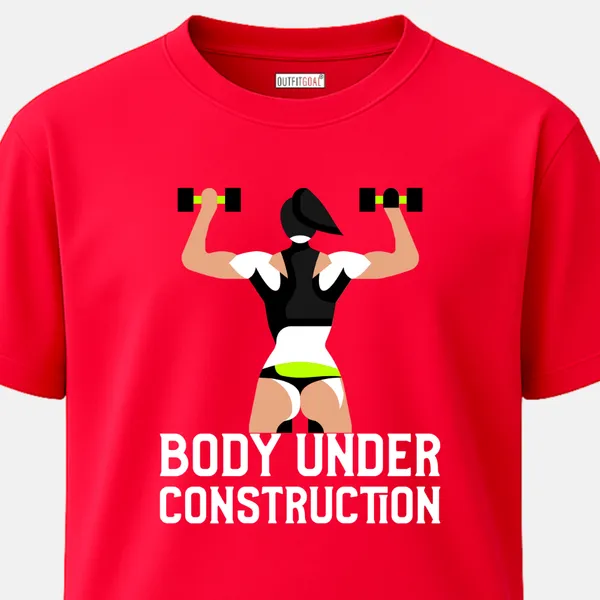 _Regular_Unisex_Red_Graphics_T-Shirt,_Female_athlete_flexing_arms_minimal_vector_art_text_body_under_construction_|_SPORTS_MODE