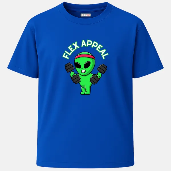 _Regular_Unisex_Royal_Blue_Graphics_T-Shirt,_Green_alien_holding_dumbbells_text_flex_appeal_|_SPORTS_MODE