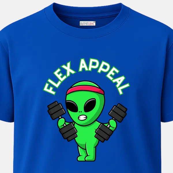 _Regular_Unisex_Royal_Blue_Graphics_T-Shirt,_Green_alien_holding_dumbbells_text_flex_appeal_|_SPORTS_MODE