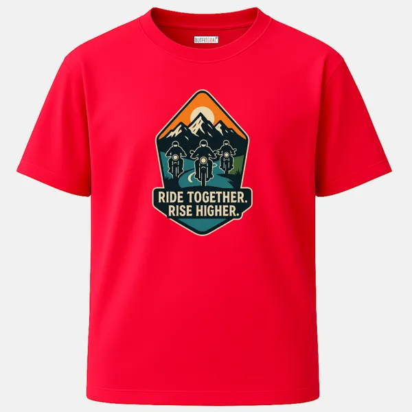 _Regular_Unisex_Pink_Graphics_T-Shirt,_Three_bikers_riding_towards_mountains_sunset_sky_ride_together_rise_higher_|_TRAVEL_MODE