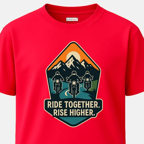 _Regular_Unisex_Pink_Graphics_T-Shirt,_Three_bikers_riding_towards_mountains_sunset_sky_ride_together_rise_higher_|_TRAVEL_MODE