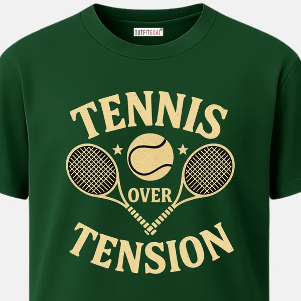 _Regular_Unisex_Bottle_Green_Graphics_T-Shirt,_Beige_textured_design_of_two_rackets_and_tennis_ball_words_tennis_over_tension_|_SPORTS_MODE