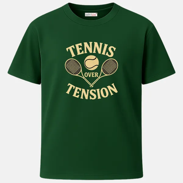 _Regular_Unisex_Bottle_Green_Graphics_T-Shirt,_Beige_textured_design_of_two_rackets_and_tennis_ball_words_tennis_over_tension_|_SPORTS_MODE