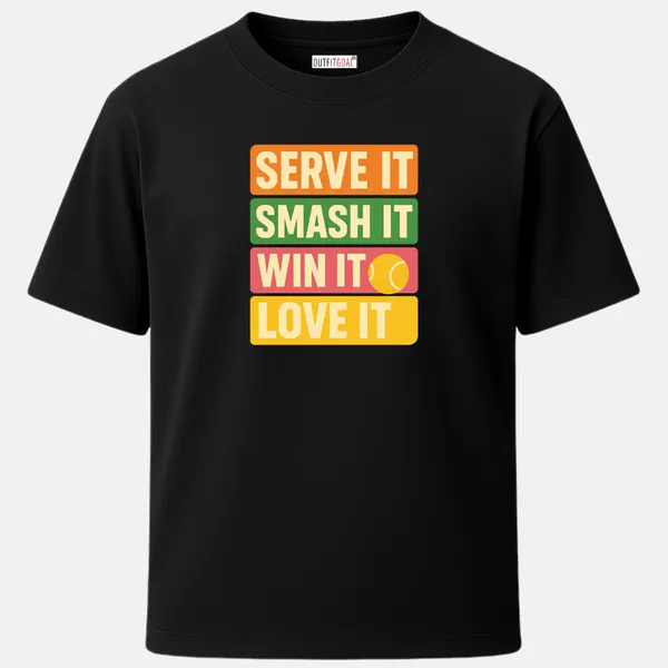_Regular_Unisex_Black_Graphics_T-Shirt,_Colorful_block_text_design_serve_it_smash_it_win_it_love_it_with_tennis_ball_icon_|_SPORTS_MODE