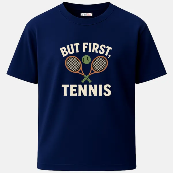 _Regular_Unisex_Navy_Graphics_T-Shirt,_Two_crossed_rackets_with_centered_tennis_ball_text_but_first_tennis_|_SPORTS_MODE