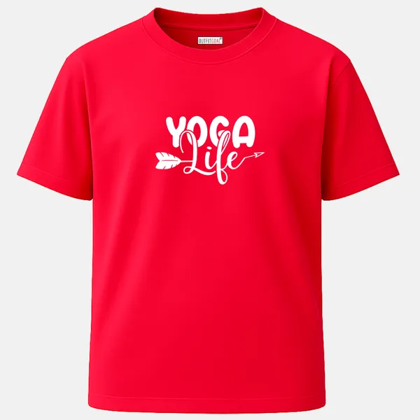 _Regular_Unisex_Red_Graphics_T-Shirt,_White_calligraphic_text_yoga_life_with_arrow_detail_minimalist_positive_type_art_design_|_SPORTS_MODE