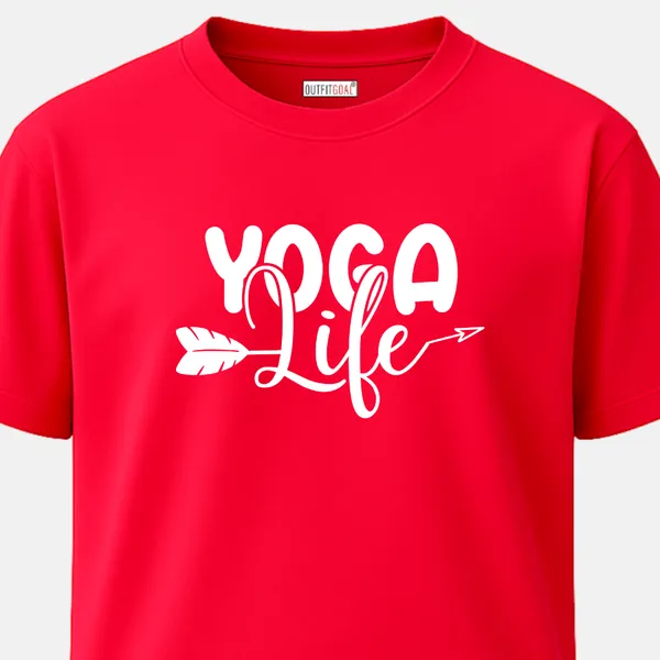 _Regular_Unisex_Red_Graphics_T-Shirt,_White_calligraphic_text_yoga_life_with_arrow_detail_minimalist_positive_type_art_design_|_SPORTS_MODE
