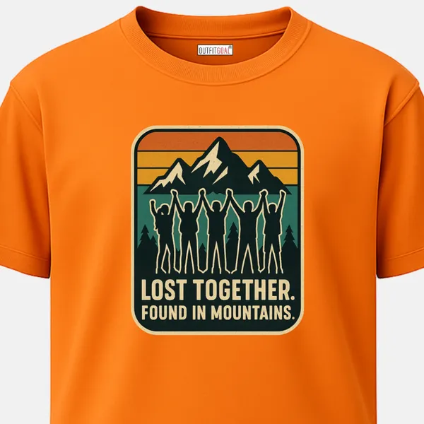 _Regular_Unisex_Bhagwa_Graphics_T-Shirt,_Group_holding_hands_in_unity_mountain_backdrop_retro_sunset_lost_together_text_|_TRAVEL_MODE