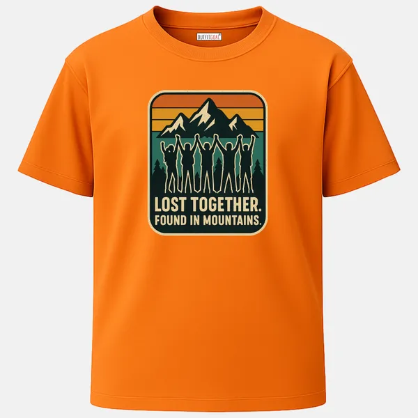 _Regular_Unisex_Bhagwa_Graphics_T-Shirt,_Group_holding_hands_in_unity_mountain_backdrop_retro_sunset_lost_together_text_|_TRAVEL_MODE