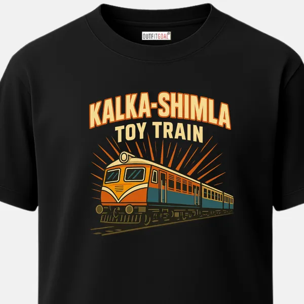 _Regular_Unisex_Black_Graphics_T-Shirt,_Bright_orange_yellow_train_with_radiating_sunburst_kalka_shimla_toy_train_text_|_TRAVEL_MODE