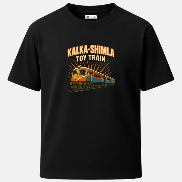 _Regular_Unisex_Black_Graphics_T-Shirt,_Bright_orange_yellow_train_with_radiating_sunburst_kalka_shimla_toy_train_text_|_TRAVEL_MODE