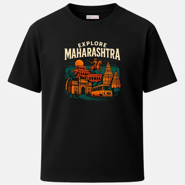 _Regular_Unisex_Black_Graphics_T-Shirt,_Explore_maharashtra_forts_temples_shivaji_on_horseback_bus_palms_|_TRAVEL_MODE