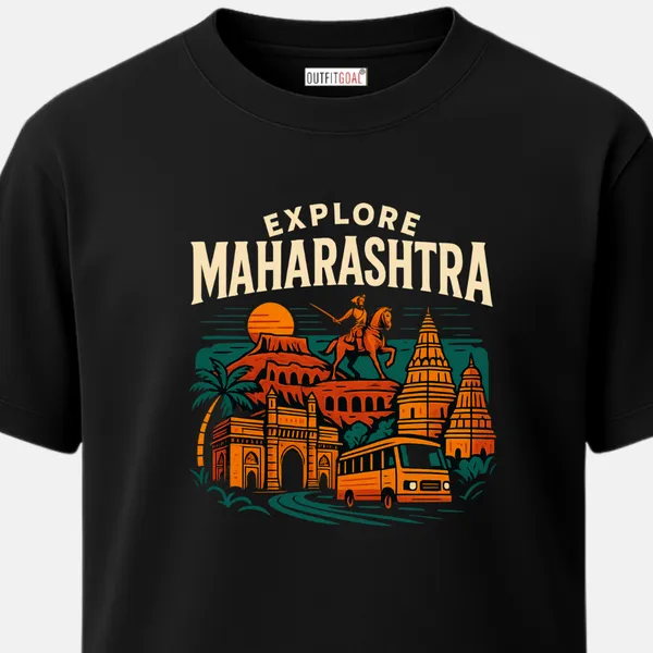 _Regular_Unisex_Black_Graphics_T-Shirt,_Explore_maharashtra_forts_temples_shivaji_on_horseback_bus_palms_|_TRAVEL_MODE