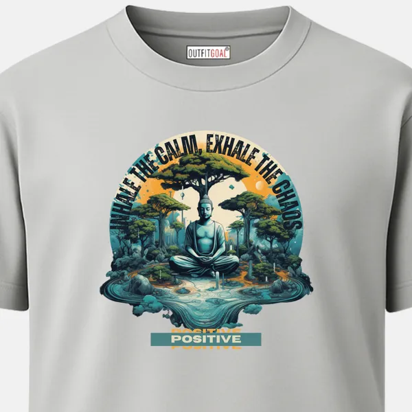 _Regular_Unisex_Grey_Graphics_T-Shirt,_Meditating_buddha_amid_forest_and_flowing_energy_quote_inhale_the_calm_exhale_the_chaos_|_SPORTS_MODE