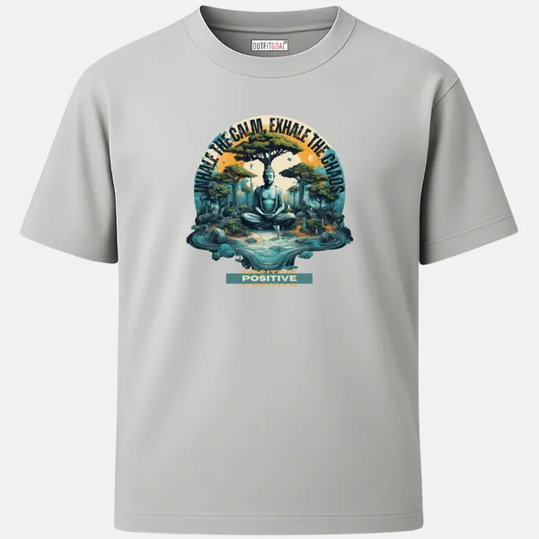 _Regular_Unisex_Grey_Graphics_T-Shirt,_Meditating_buddha_amid_forest_and_flowing_energy_quote_inhale_the_calm_exhale_the_chaos_|_SPORTS_MODE