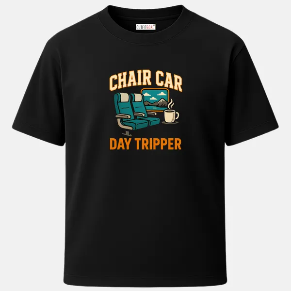_Regular_Unisex_Black_Graphics_T-Shirt,_Twin_seats_beside_train_window_coffee_cup_mountains_outside_chair_car_day_tripper_|_TRAVEL_MODE
