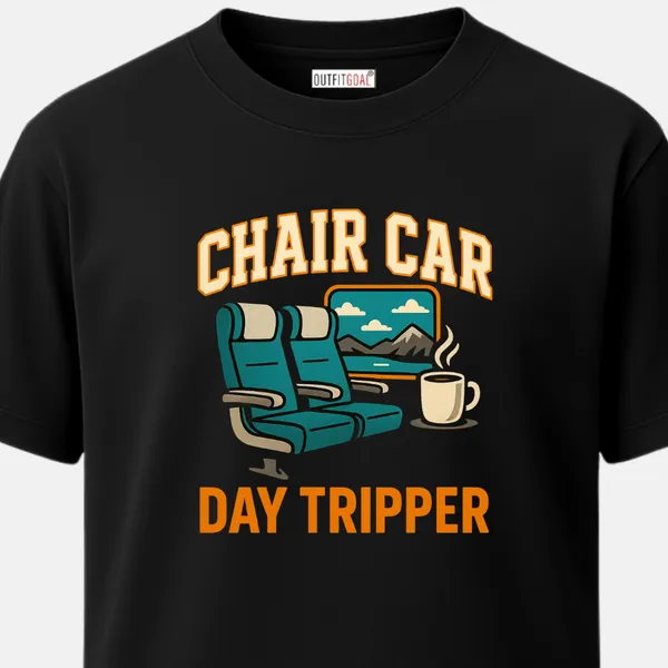 _Regular_Unisex_Black_Graphics_T-Shirt,_Twin_seats_beside_train_window_coffee_cup_mountains_outside_chair_car_day_tripper_|_TRAVEL_MODE