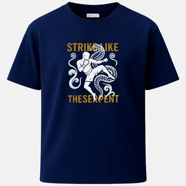 _Regular_Unisex_Navy_Graphics_T-Shirt,_Kickboxer_striking_with_serpent_imagery_text_strike_like_the_serpent_|_SPORTS_MODE