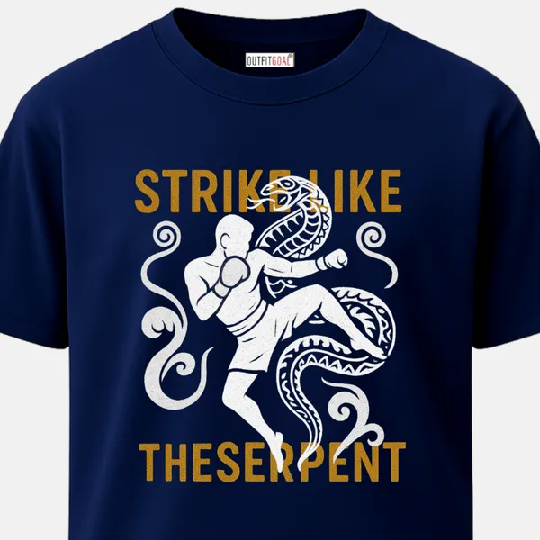 _Regular_Unisex_Navy_Graphics_T-Shirt,_Kickboxer_striking_with_serpent_imagery_text_strike_like_the_serpent_|_SPORTS_MODE